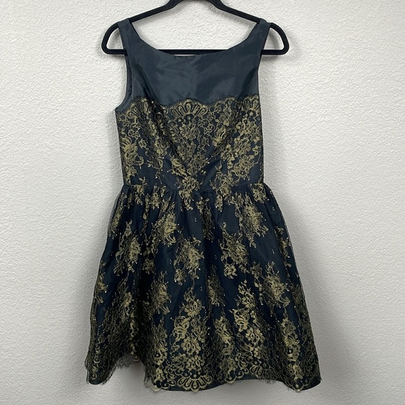 ML Monique L’huillier Gold Black Lace Fit Flare Mini Dress Party Birthday Sz 8 - Picture 2 of 12